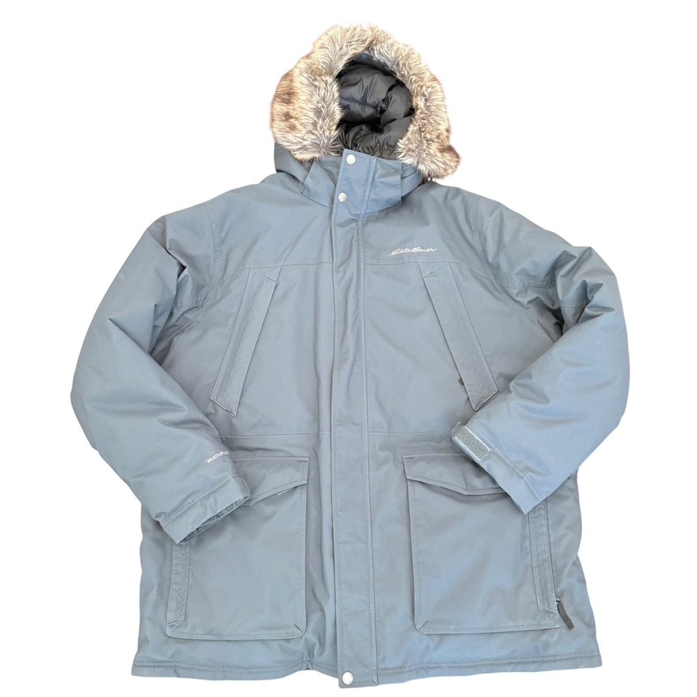 Eddie Bauer WeatherEdge Down Parka Mens XXXL Blue Gray Faux Fur Hood Jacket